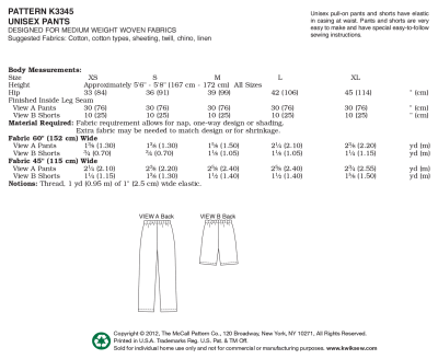 Kwik Sew Sewing Pattern 3345 Misses 8-22 Easy Elastic-Waist Pants